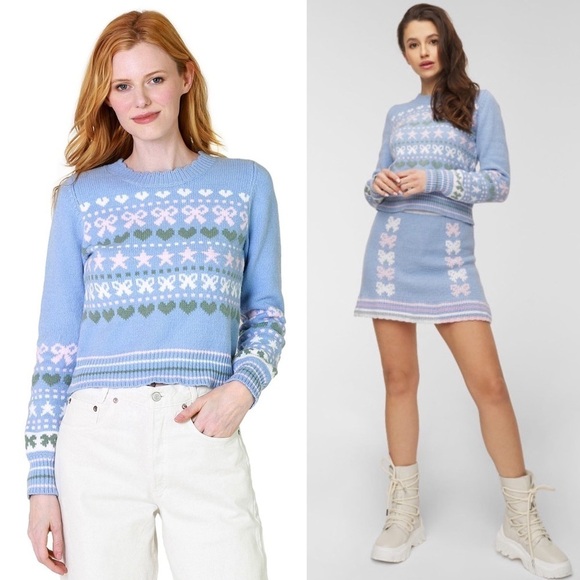 LOVESHACKFANCY 90s Pastel Heart Bow Fair Isle Knit Pullover Cropped Sweater XL - Picture 7 of 16